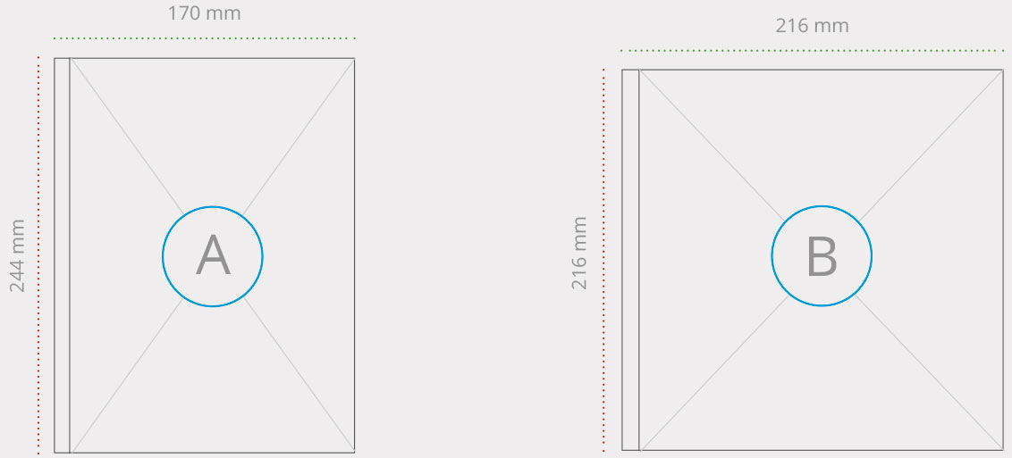 A sample book in the two sizes, rectangular and square